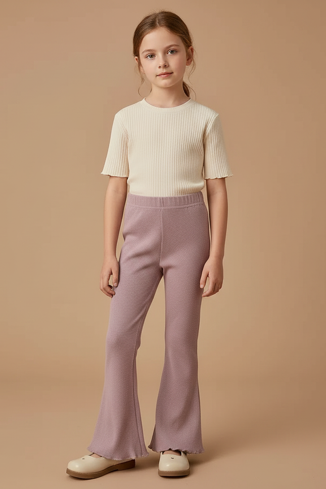 Pantalon Patte D'Éléphant Mauve Côtelé Évasé Fille - Violet Maille