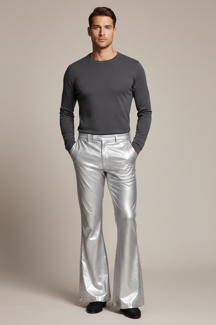 Pantalon Patte D'Éléphant Argent Métallique Brillant Évasé Homme - Argenté Polyester