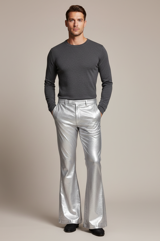 Pantalon Patte D'Éléphant Argent Métallique Brillant Évasé Homme - Argenté Polyester