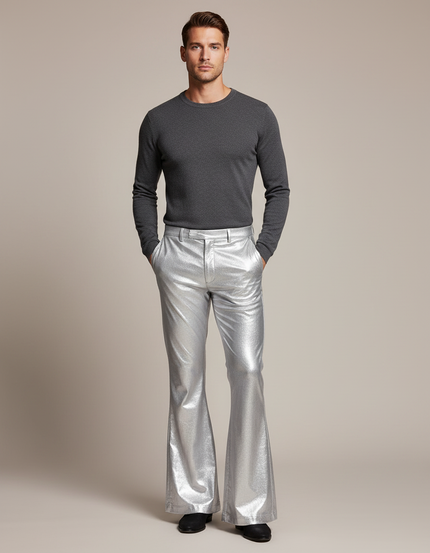 Pantalon Patte D'Éléphant Argent Métallique Brillant Évasé Homme - Argenté Polyester