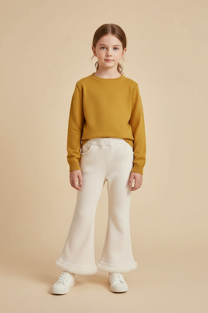 Pantalon Patte D'Éléphant Crème Côtelé Fourrure Chaud Fille - Beige Maille
