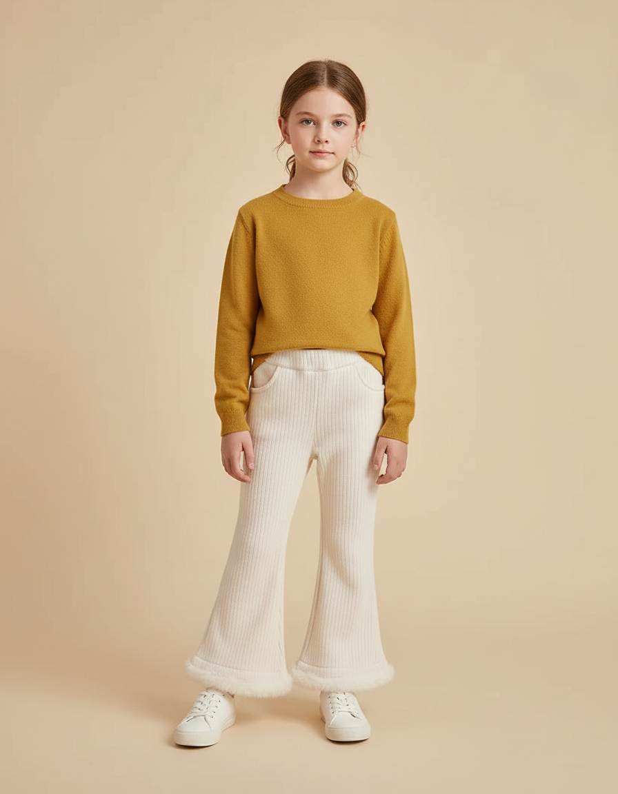 Pantalon Patte D'Éléphant Crème Côtelé Fourrure Chaud Fille - Beige Maille