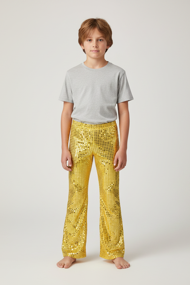 Pantalon Patte D'Éléphant Doré Paillettes Brillantes Évasé Enfant - Polyester
