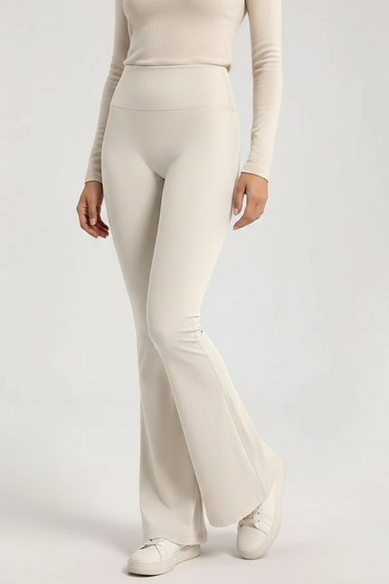 Pantalon Patte D'Éléphant Crème Taille Haute Élastique Confortable - Beige Polyester