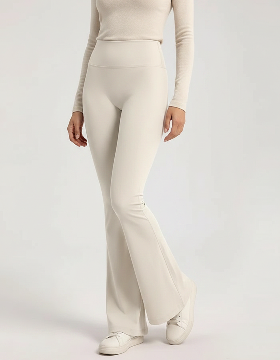Pantalon Patte D'Éléphant Crème Taille Haute Élastique Confortable - Beige Polyester