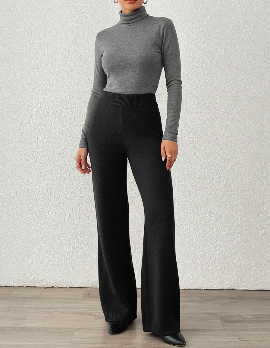 Pantalon Patte D'Éléphant Noir Tricoté Ample Confortable Hiver - Maille