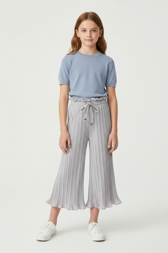 Pantalon Patte D'Éléphant Plissé Gris Taille Haute Enfant - Polyester