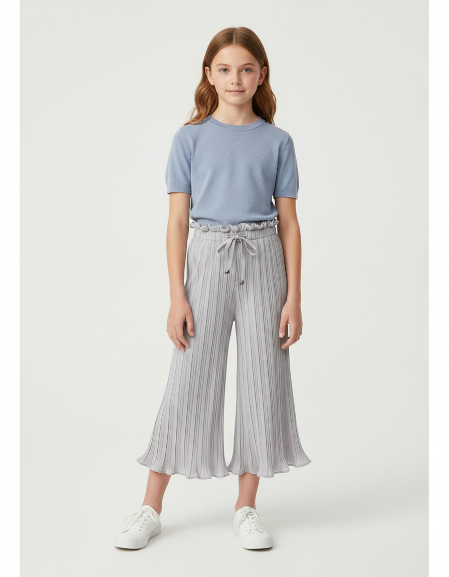 Pantalon Patte D'Éléphant Plissé Gris Taille Haute Enfant - Polyester