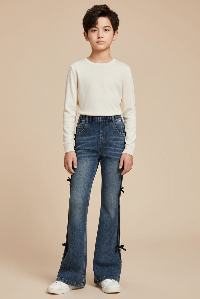 Pantalon Patte D'Éléphant Denim Bleu Nœuds Noirs Enfant - Jean