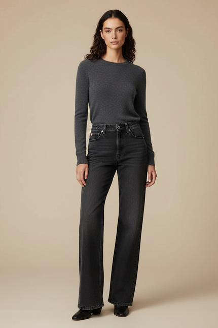 Pantalon Patte D'Éléphant Gris Délavé Denim Taille Haute Femme - Jean