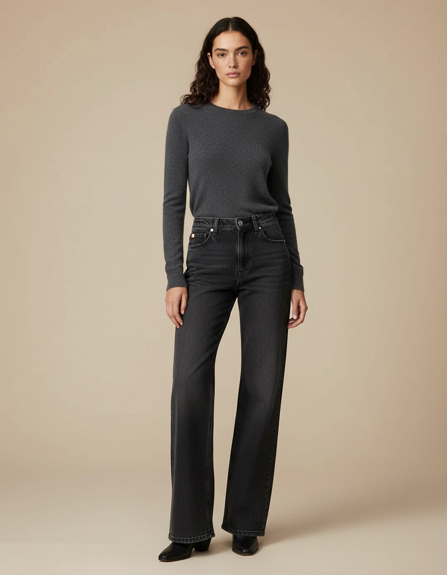 Pantalon Patte D'Éléphant Gris Délavé Denim Taille Haute Femme - Jean