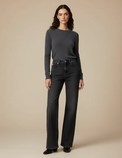 Pantalon Patte D'Éléphant Gris Délavé Denim Taille Haute Femme - Jean