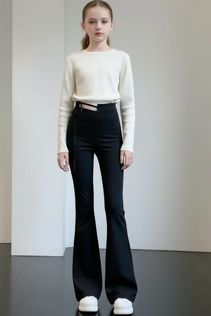 Pantalon Patte D'Éléphant Noir Taille Haute Évasé Fille - Polyester
