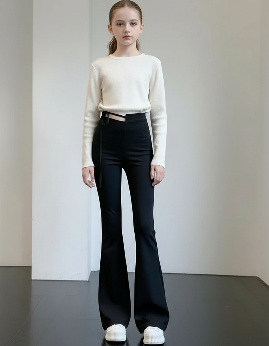 Pantalon Patte D'Éléphant Noir Taille Haute Évasé Fille - Polyester