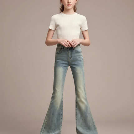 Pantalon Patte D'Éléphant Évasé Bleu Délavé Taille Haute - Jean