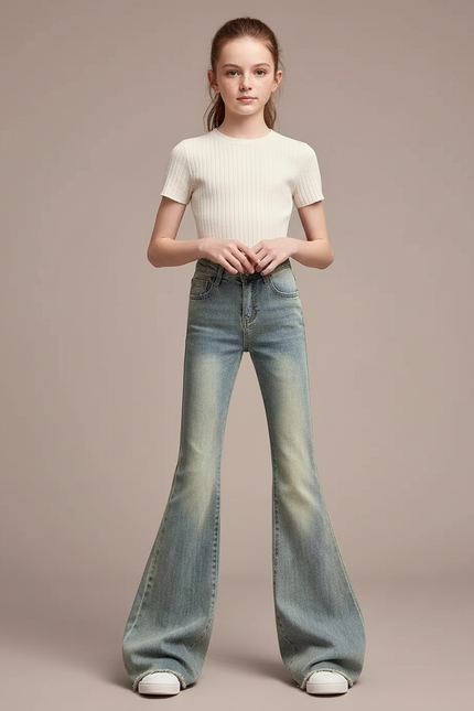 Pantalon Patte D'Éléphant Évasé Bleu Délavé Taille Haute - Jean