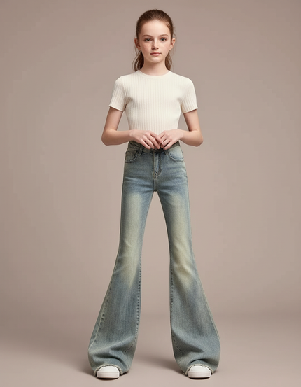 Pantalon Patte D'Éléphant Évasé Bleu Délavé Taille Haute - Jean