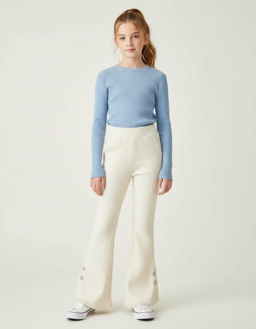 Pantalon Patte D'Éléphant Côtelé Écru Évasé Dentelle Enfant - Beige Maille