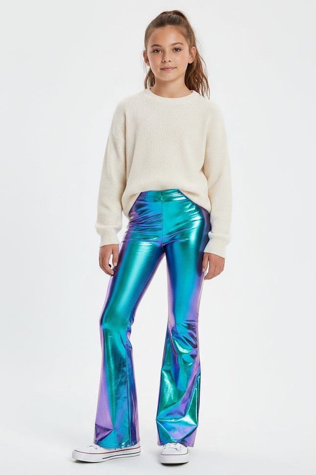Pantalon Patte D'Éléphant Holographique Brillant Métallisé Évasé - Multicolore Polyester