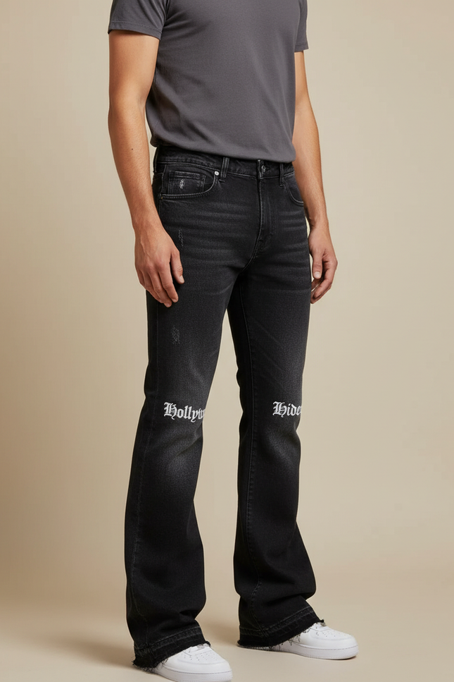 Pantalon Patte D'Éléphant Noir Délavé Imprimé Décontracté Homme - Jean