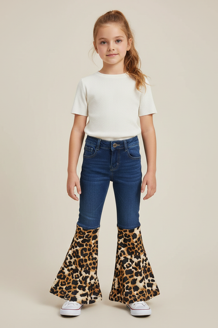 Pantalon Patte D'Éléphant Léopard Denim Bleu Fille - Imprimé Jean