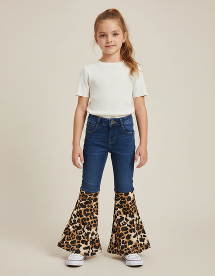 Pantalon Patte D'Éléphant Léopard Denim Bleu Fille - Imprimé Jean