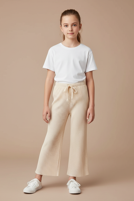 Pantalon Patte D'Éléphant Beige Côtelé Fluide Décontracté Enfant - Maille