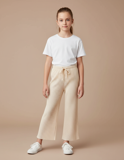 Pantalon Patte D'Éléphant Beige Côtelé Fluide Décontracté Enfant - Maille