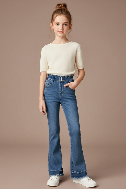 Pantalon Patte D'Éléphant Jean Bleu Taille Haute Enfant
