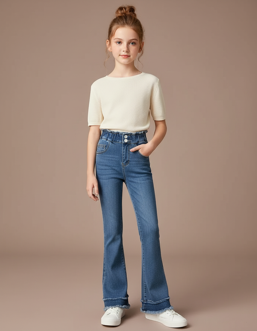 Pantalon Patte D'Éléphant Jean Bleu Taille Haute Enfant