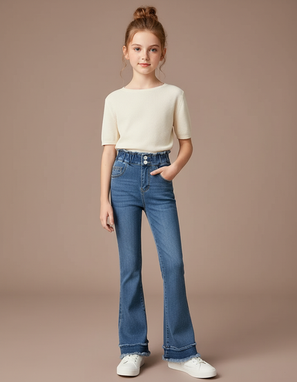 Pantalon Patte D'Éléphant Jean Bleu Taille Haute Enfant