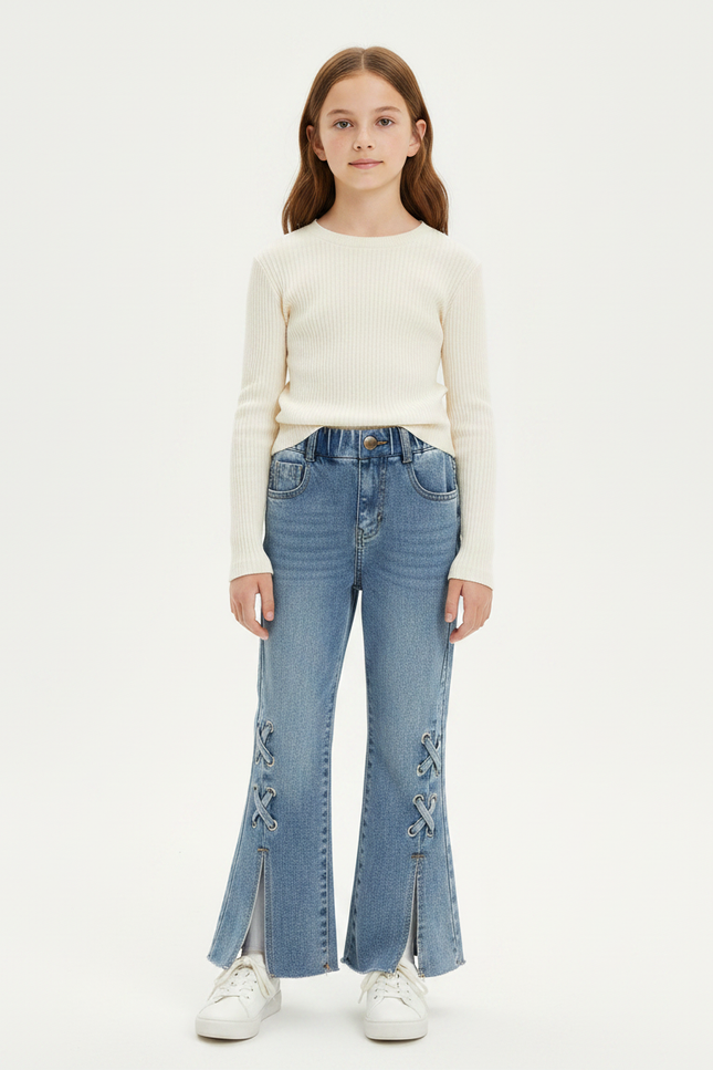 Pantalon Patte D'Éléphant Jean Bleu Lacets Enfant Fendu