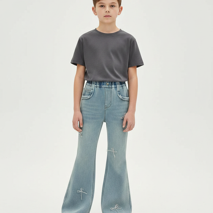 Pantalon Patte D'Éléphant Bleu Clair Évasé Nœuds Strass - Jean