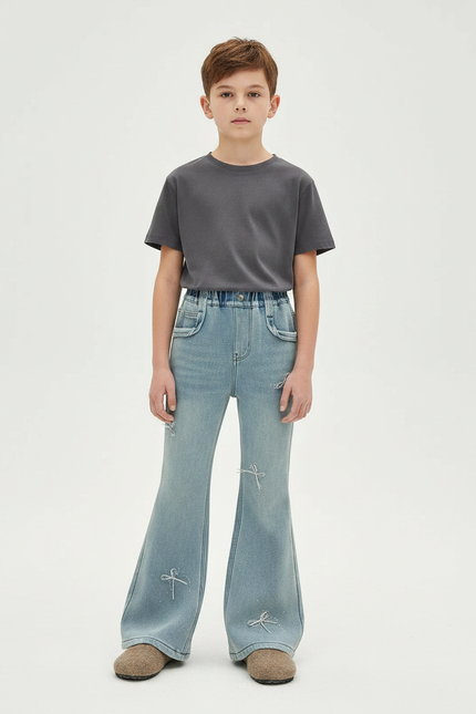 Pantalon Patte D'Éléphant Bleu Clair Évasé Nœuds Strass - Jean