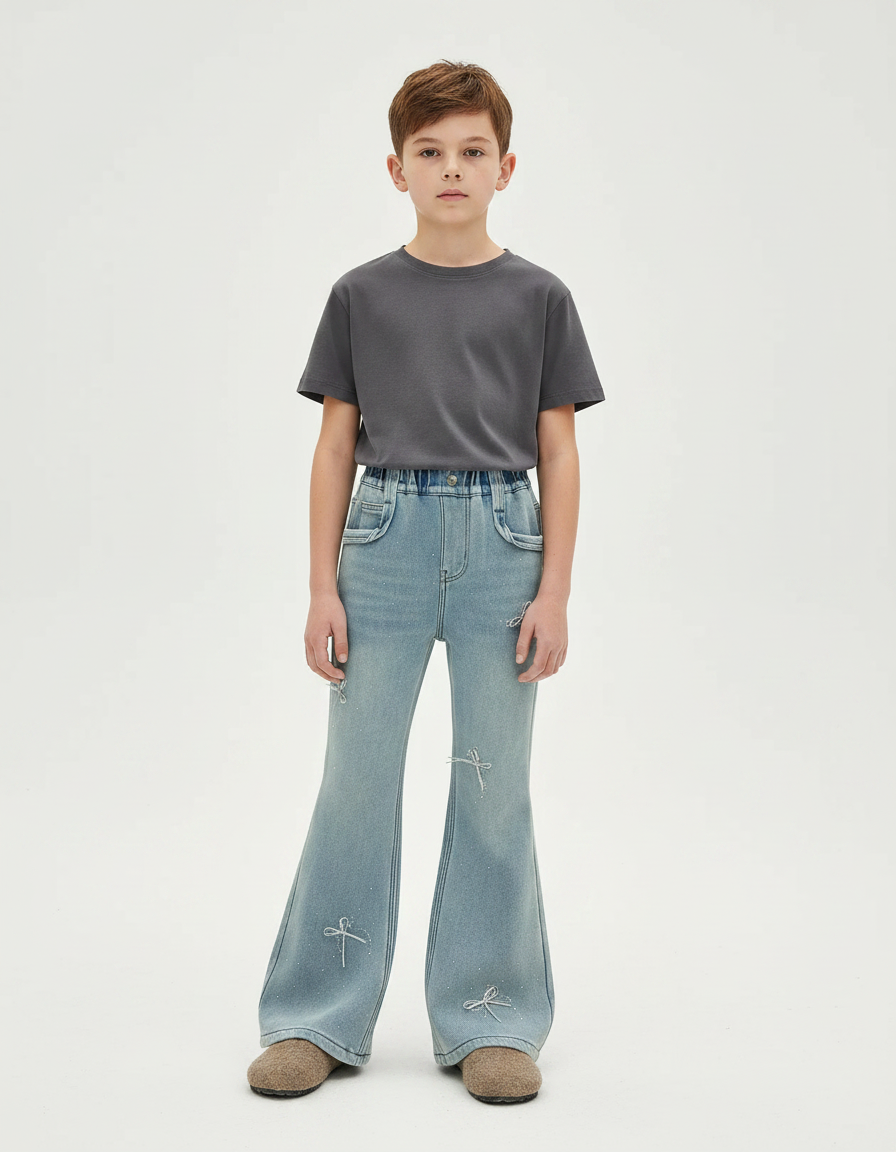 Pantalon Patte D'Éléphant Bleu Clair Évasé Nœuds Strass - Jean