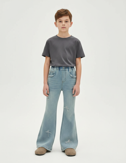 Pantalon Patte D'Éléphant Bleu Clair Évasé Nœuds Strass - Jean