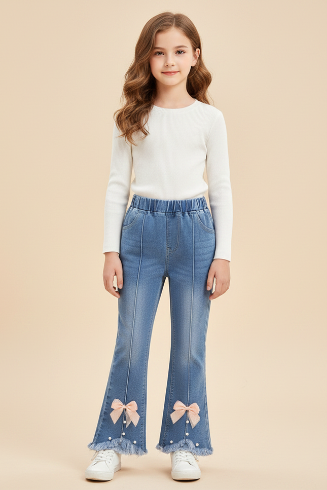 Pantalon Patte D'Éléphant Fille Bleu Frangé Nœuds Papillon - Jean