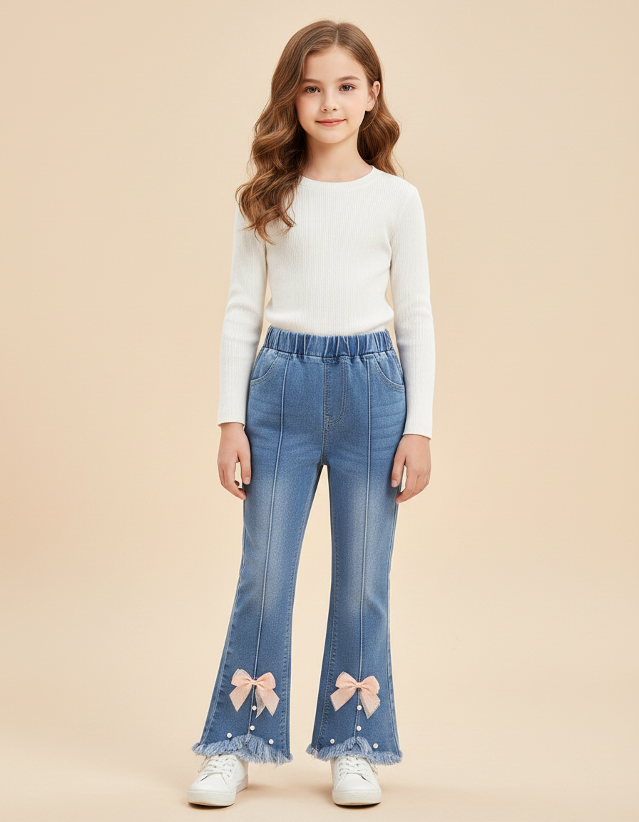 Pantalon Patte D'Éléphant Fille Bleu Frangé Nœuds Papillon - Jean