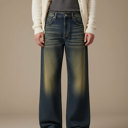 Pantalon Patte D'Éléphant Jean Délavé Ample Vintage Homme - Bleu