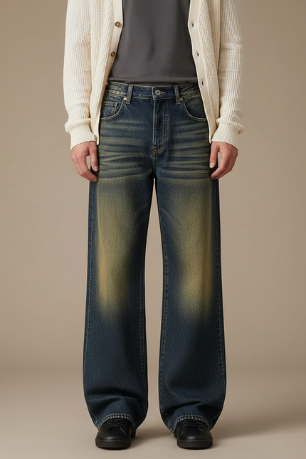 Pantalon Patte D'Éléphant Jean Délavé Ample Vintage Homme - Bleu