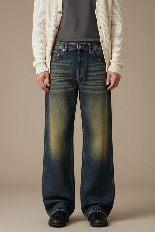Pantalon Patte D'Éléphant Jean Délavé Ample Vintage Homme - Bleu