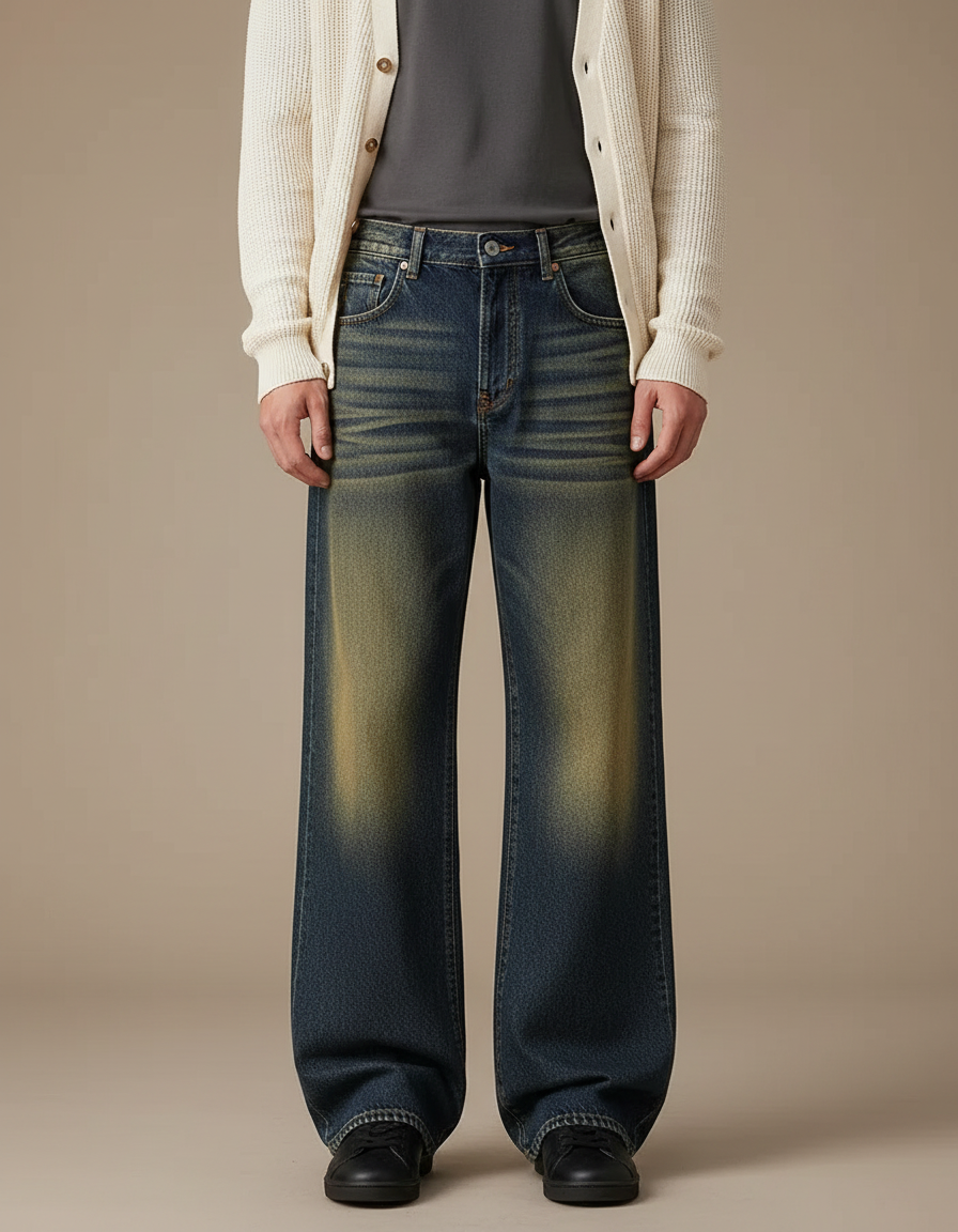 Pantalon Patte D'Éléphant Jean Délavé Ample Vintage Homme - Bleu