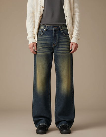 Pantalon Patte D'Éléphant Jean Délavé Ample Vintage Homme - Bleu