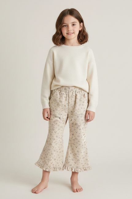 Pantalon Patte D'Éléphant Beige Fleuri Côtelé Volants Enfant - Imprimé Cordé