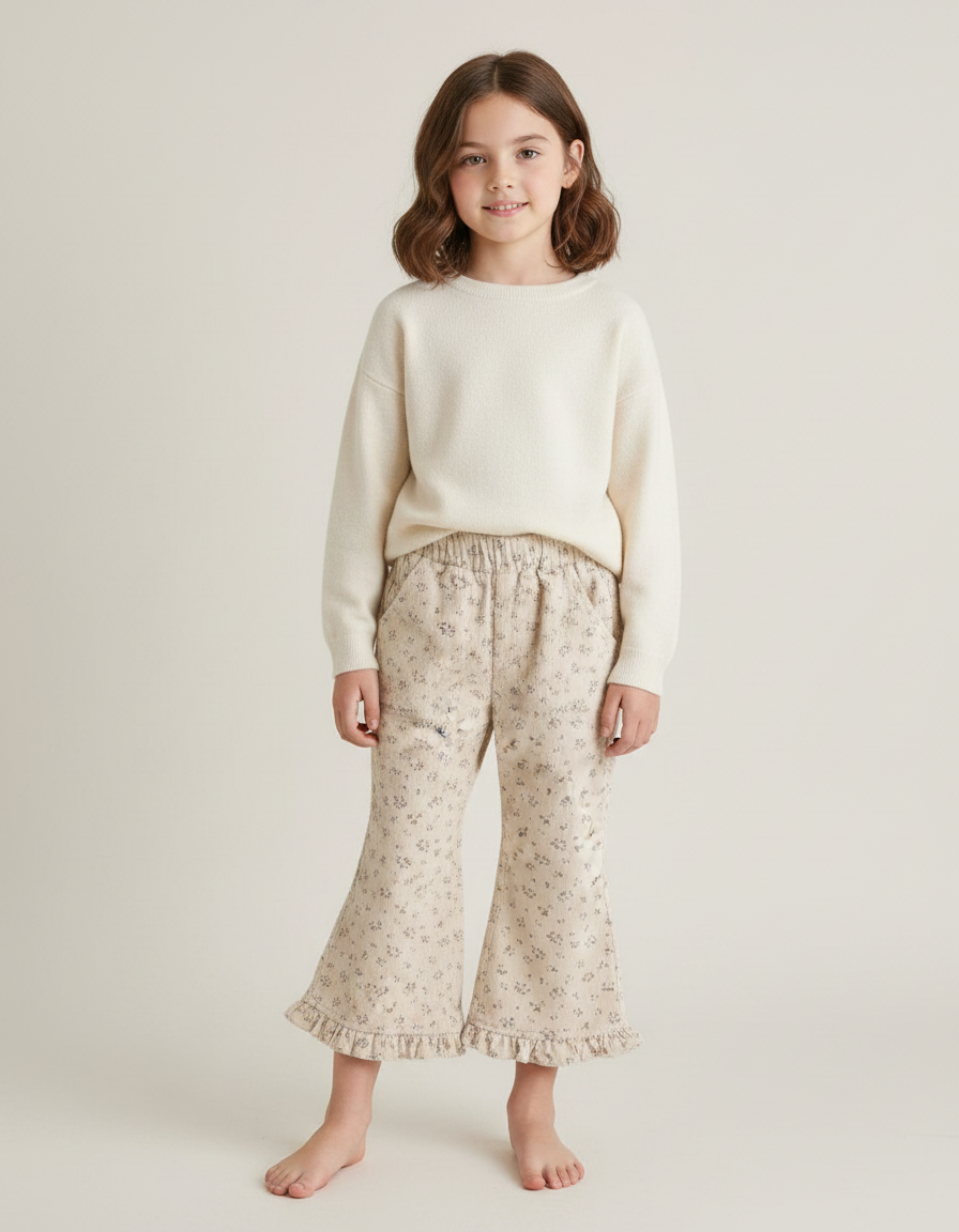 Pantalon Patte D'Éléphant Beige Fleuri Côtelé Volants Enfant - Imprimé Cordé