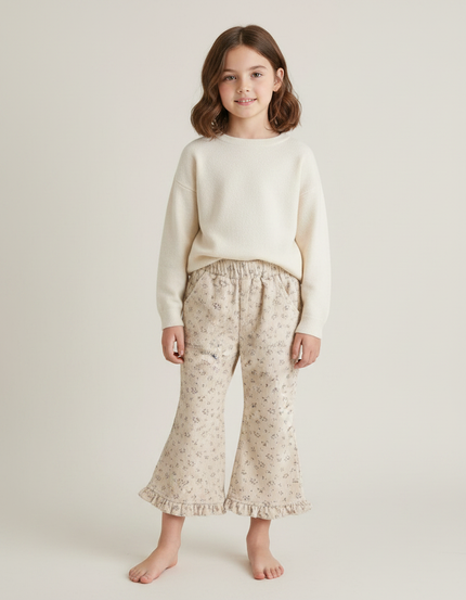 Pantalon Patte D'Éléphant Beige Fleuri Côtelé Volants Enfant - Imprimé Cordé