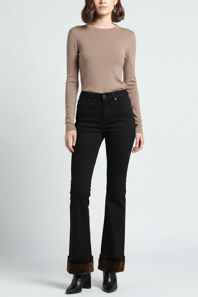 Pantalon Patte D'Éléphant Noir Évasé Fourrure Hiver Doublé - Jean