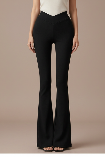 Pantalon Patte D'Éléphant Noir Côtelé Taille Haute Évasé Élégant - Maille
