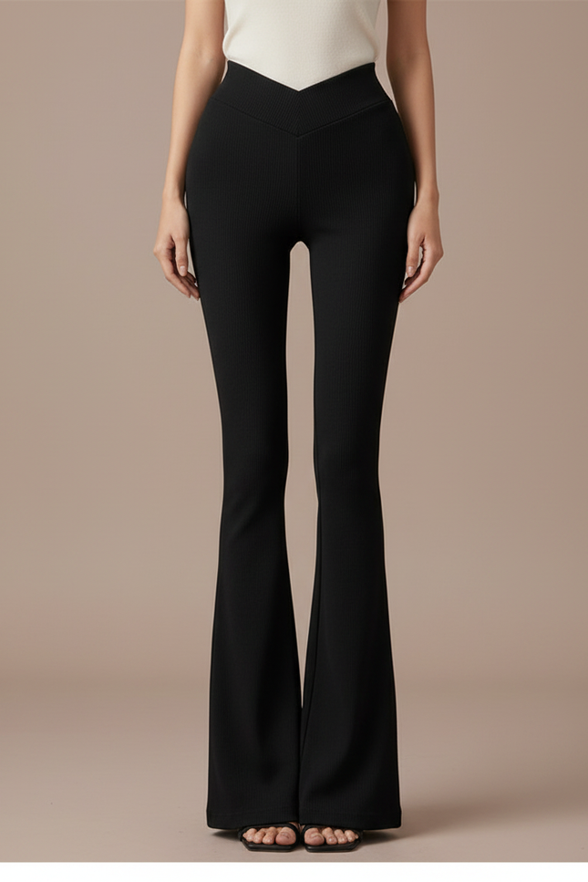 Pantalon Patte D'Éléphant Noir Côtelé Taille Haute Évasé Élégant - Maille
