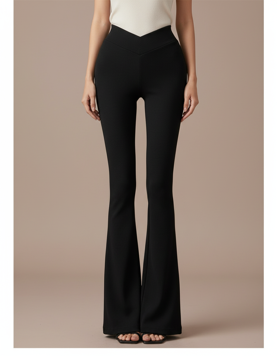 Pantalon Patte D'Éléphant Noir Côtelé Taille Haute Évasé Élégant - Maille